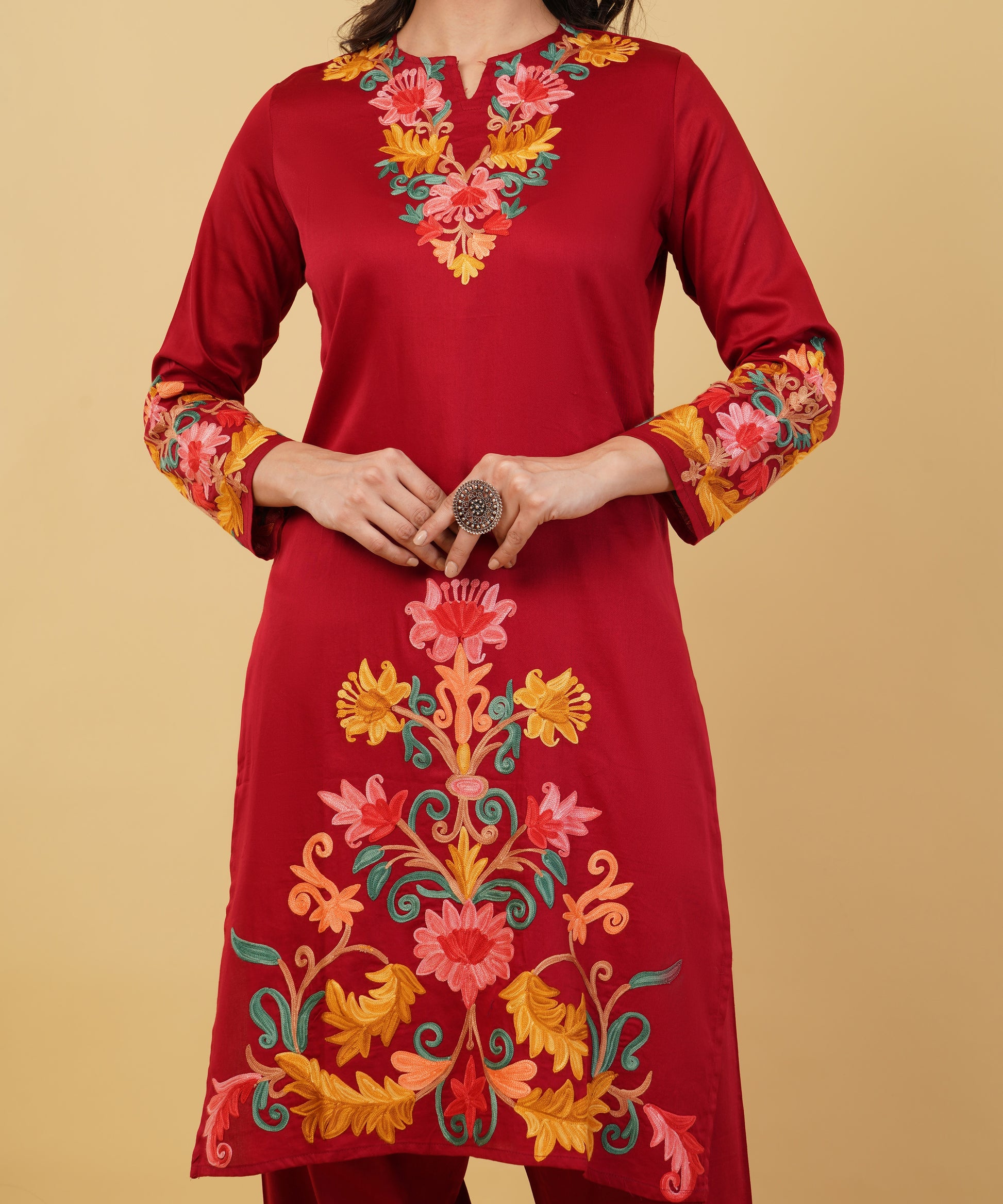 Kashmiri Aari embroidery Jaam Cotton Co-ord set Size-38 (Red)