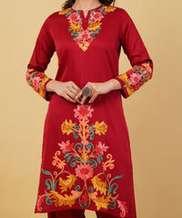 Kashmiri Aari embroidery Jaam Cotton Co-ord set Size-38 (Red)