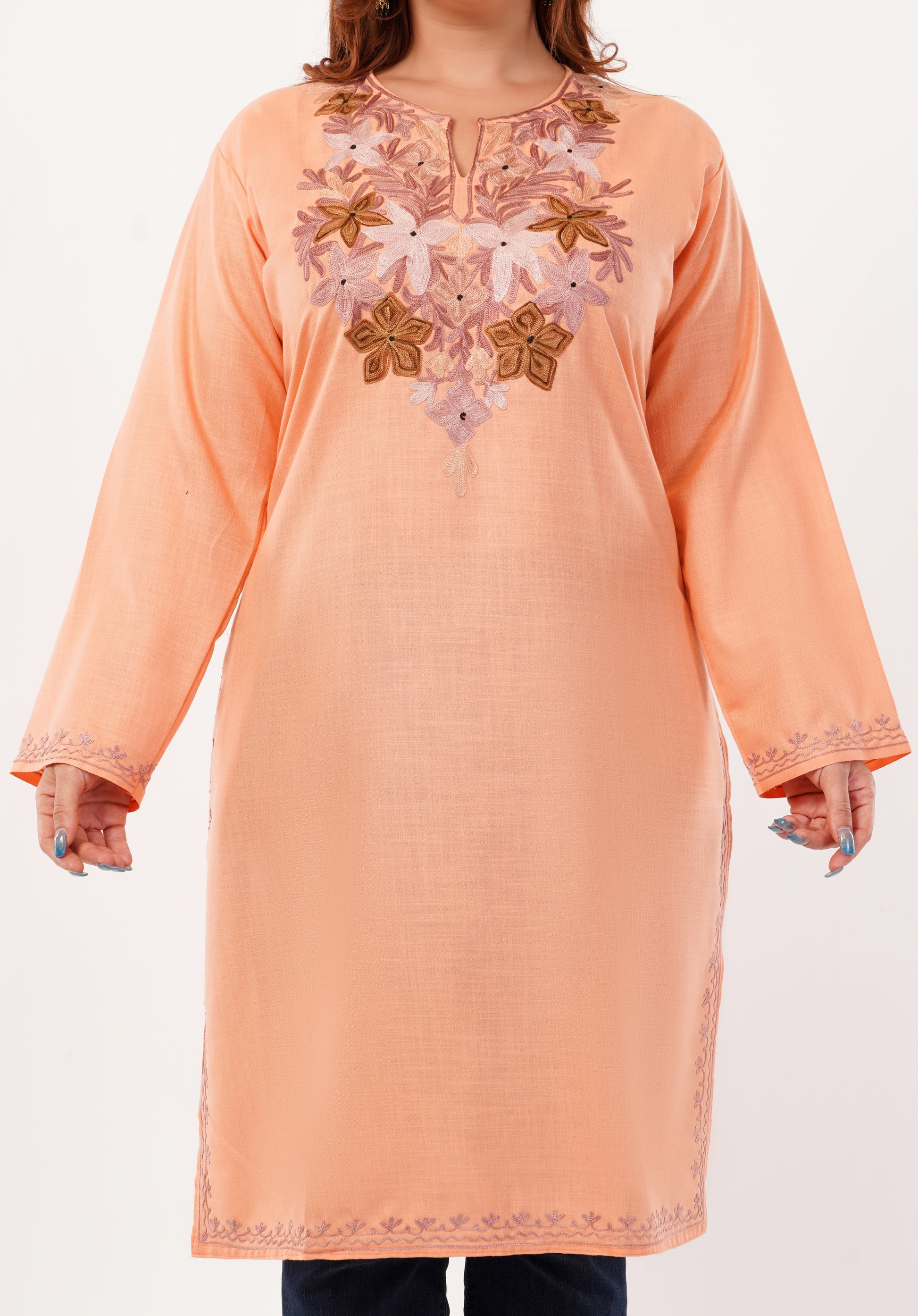 Kashmiri Aari embroidery Cotton Long Kurti Size-46(Peach)