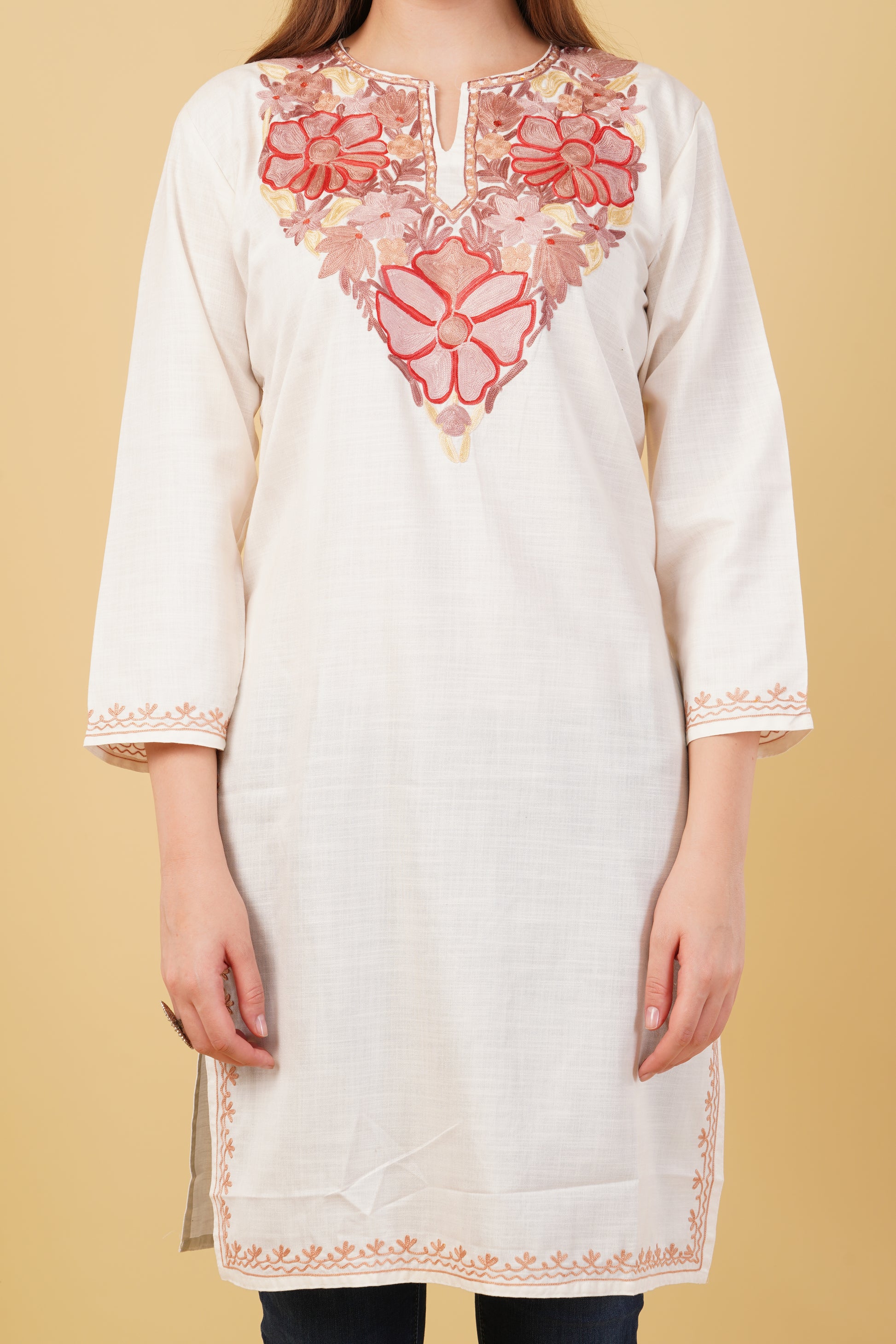 Kashmiri Aari embroidery Cotton Long Kurti Size-42 (White)