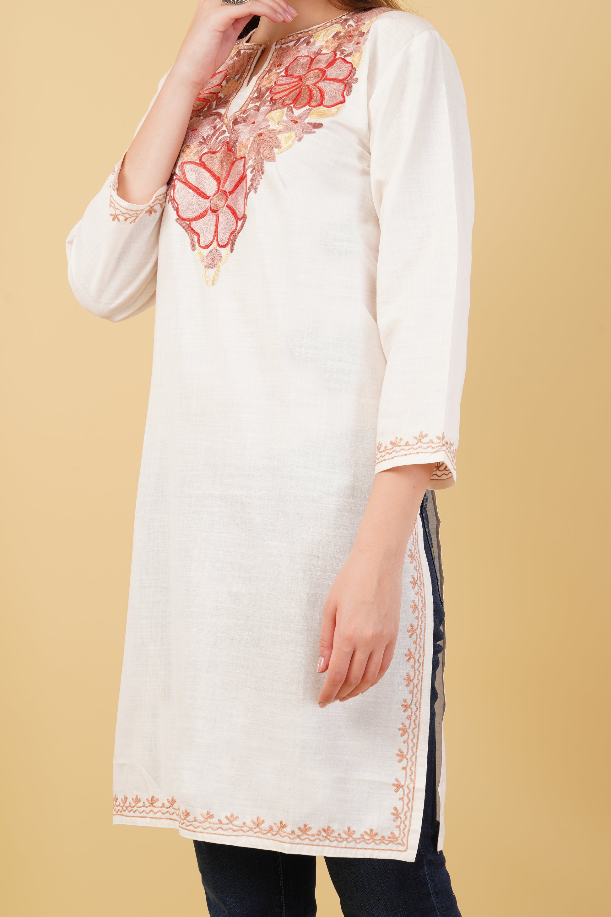 Kashmiri Aari embroidery Cotton Long Kurti Size-42 (White)