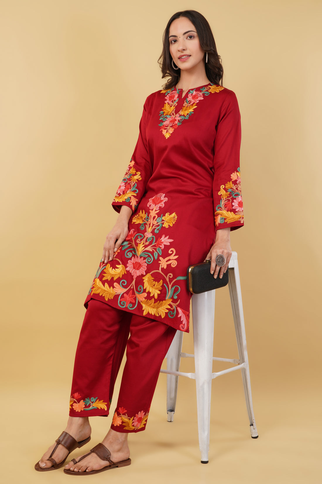 Kashmiri Aari embroidery Jaam Cotton Co-ord set Size-38 (Red)