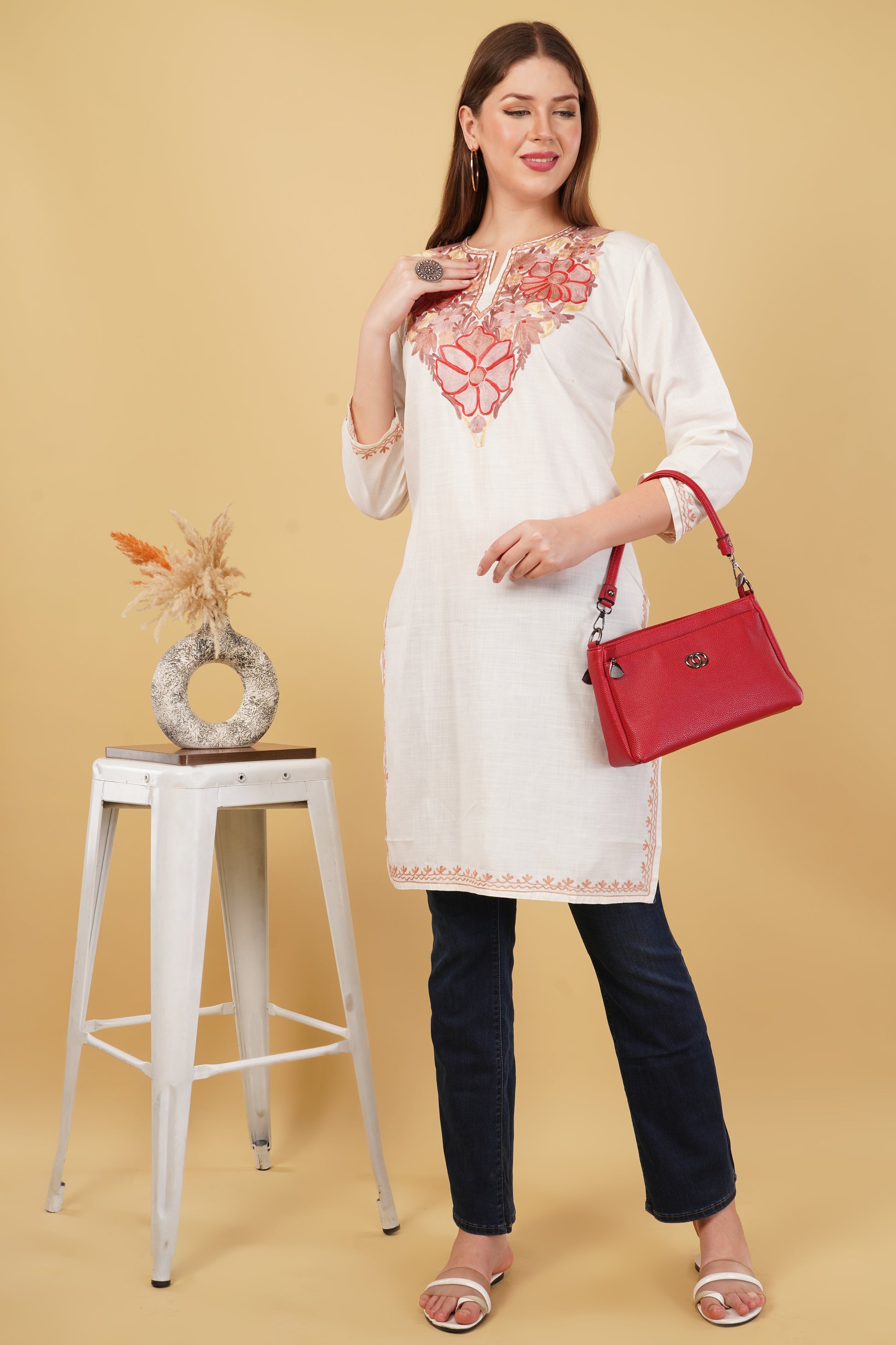 Kashmiri Aari embroidery Cotton Long Kurti Size-42 (White)