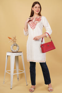 Kashmiri Aari embroidery Cotton Long Kurti Size-42 (White)