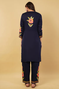 Kashmiri Aari embroidery Jaam Cotton Co-ord set Size-38 (Navy Blue)