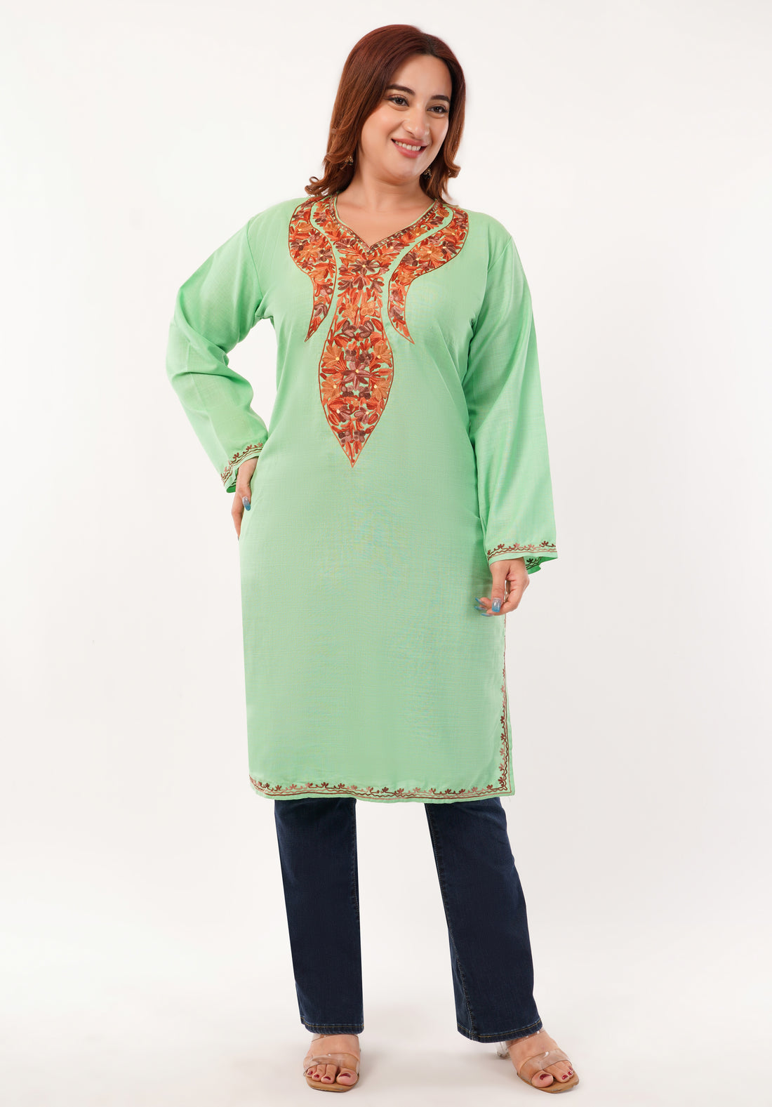 Kashmiri Aari embroidery Cotton Long Kurti Size-46(Green)