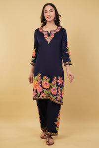 Kashmiri Aari embroidery Jaam Cotton Co-ord set Size-38 (Navy Blue)