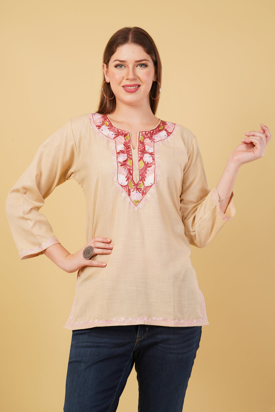 Kashmiri Aari embroidery Cotton Short Kurti Size-42(Beige)