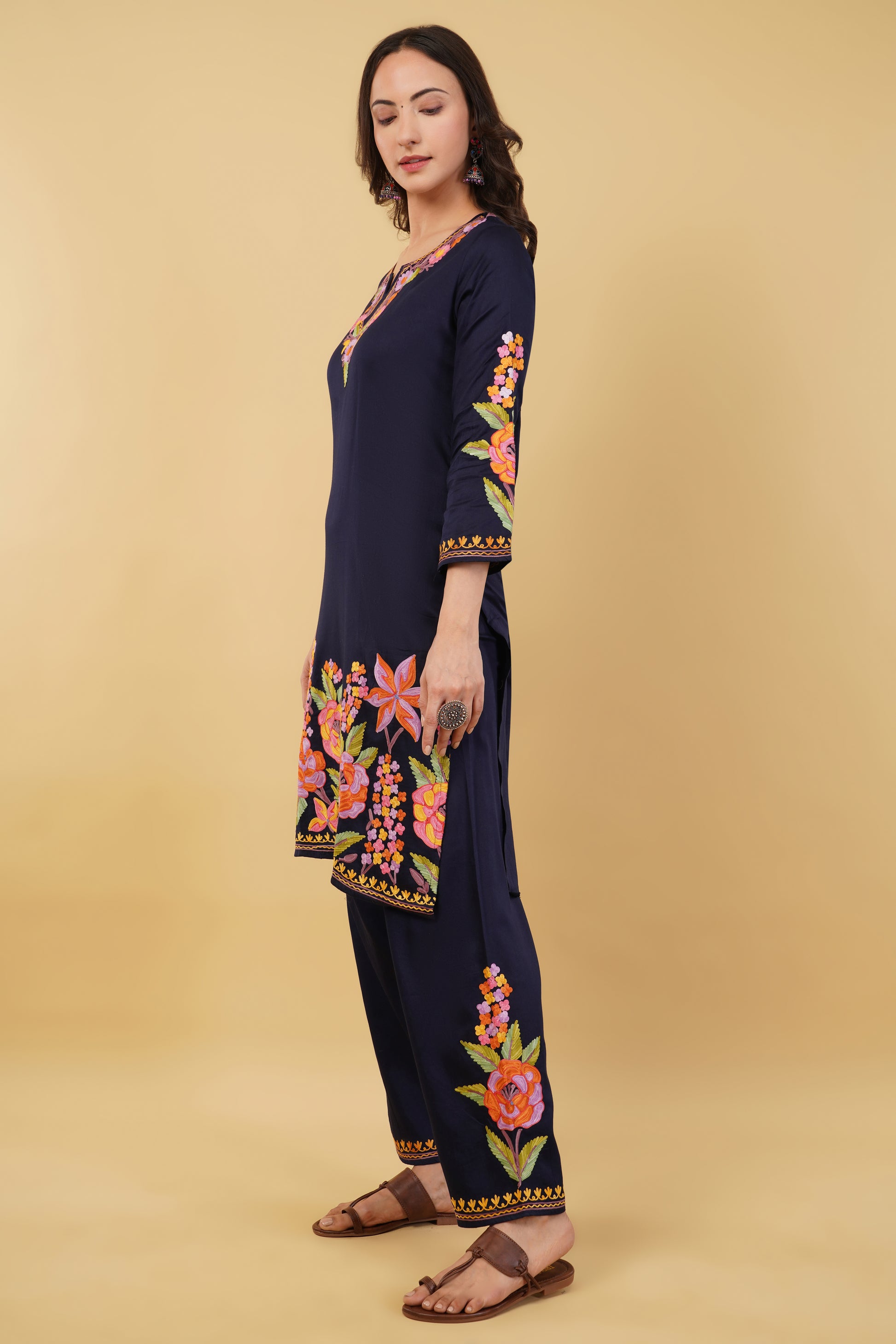 Kashmiri Aari embroidery Jaam Cotton Co-ord set Size-38 (Navy Blue)