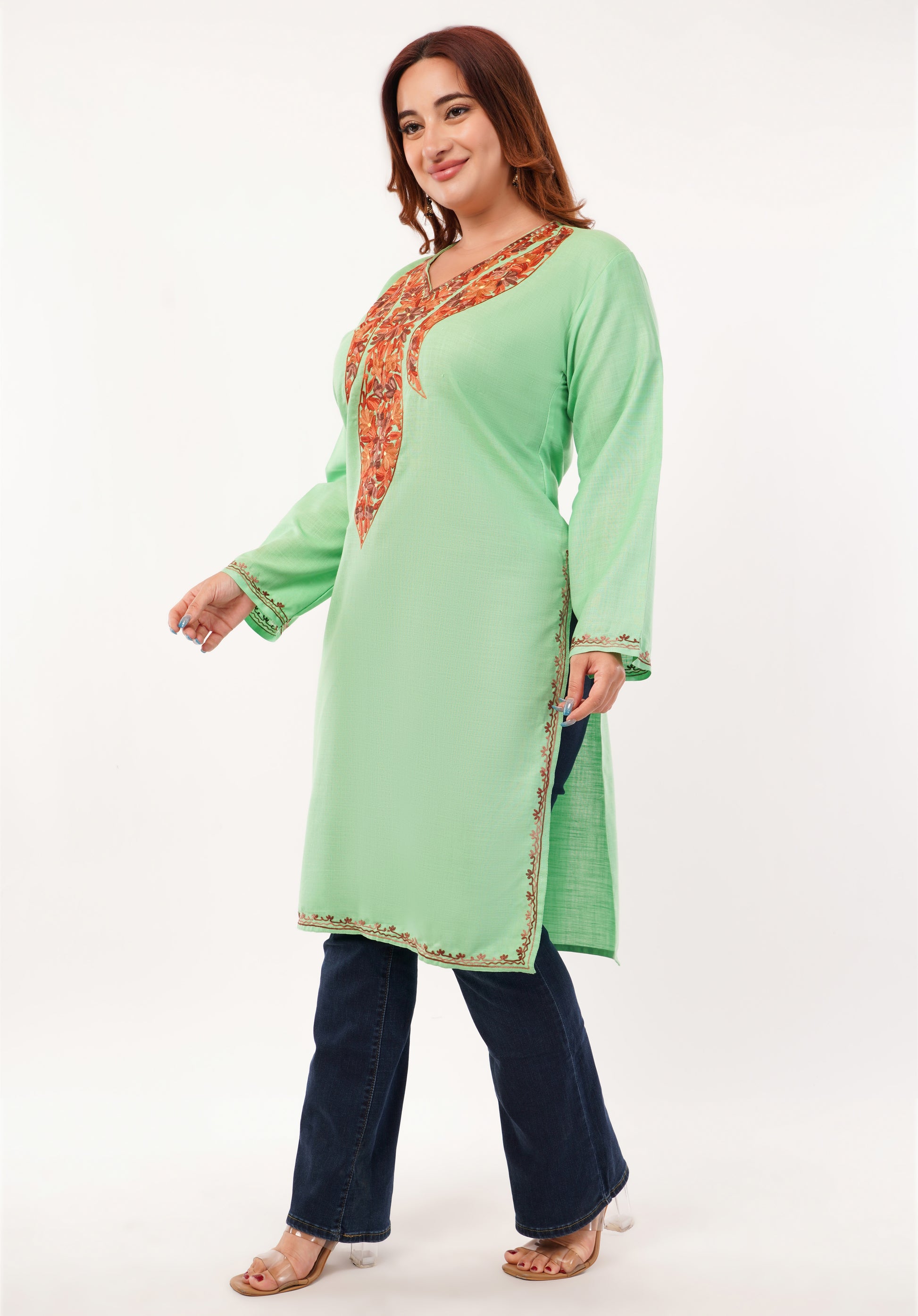 Kashmiri Aari embroidery Cotton Long Kurti Size-46(Green)