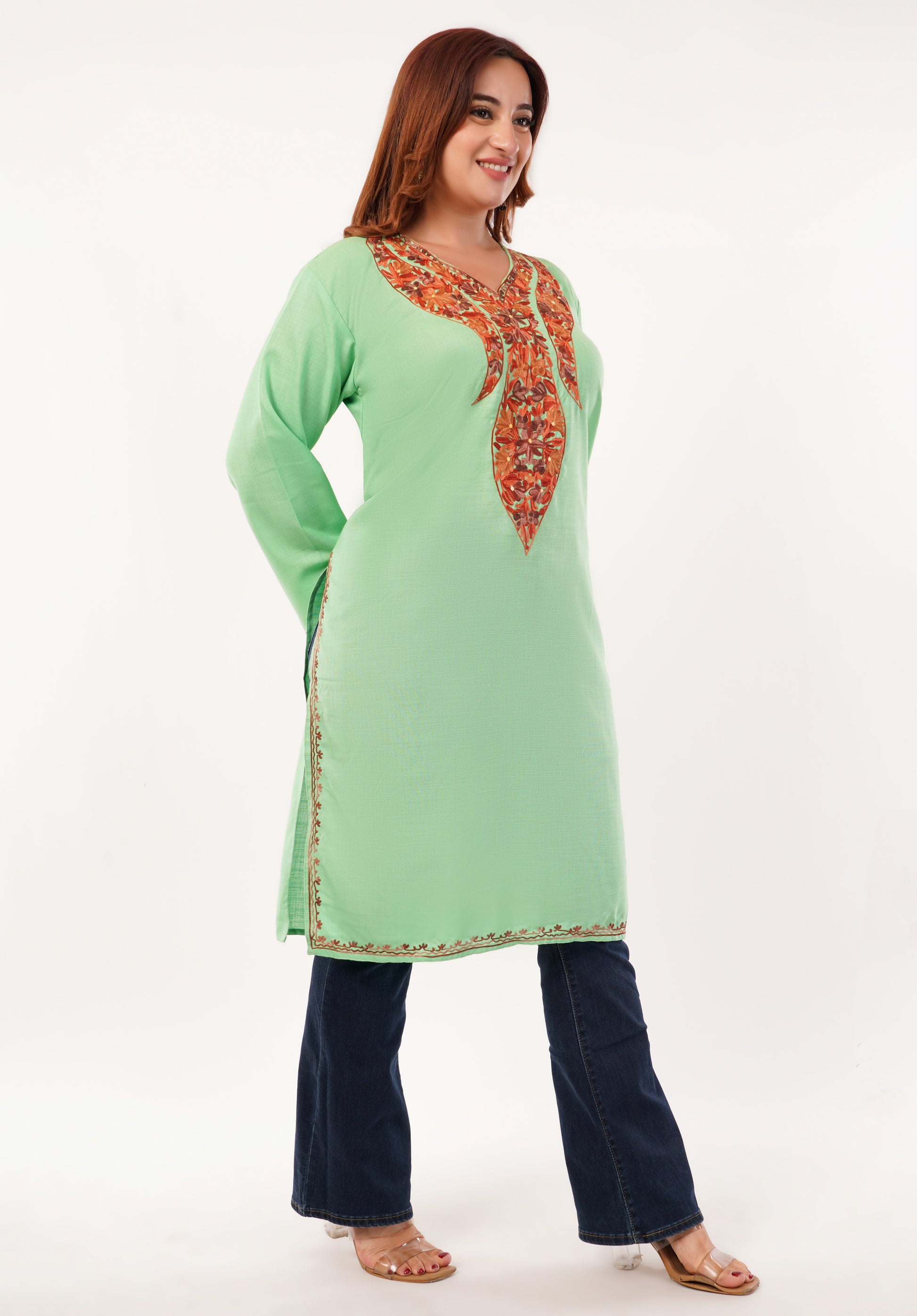 Kashmiri Aari embroidery Cotton Long Kurti Size-46(Green)