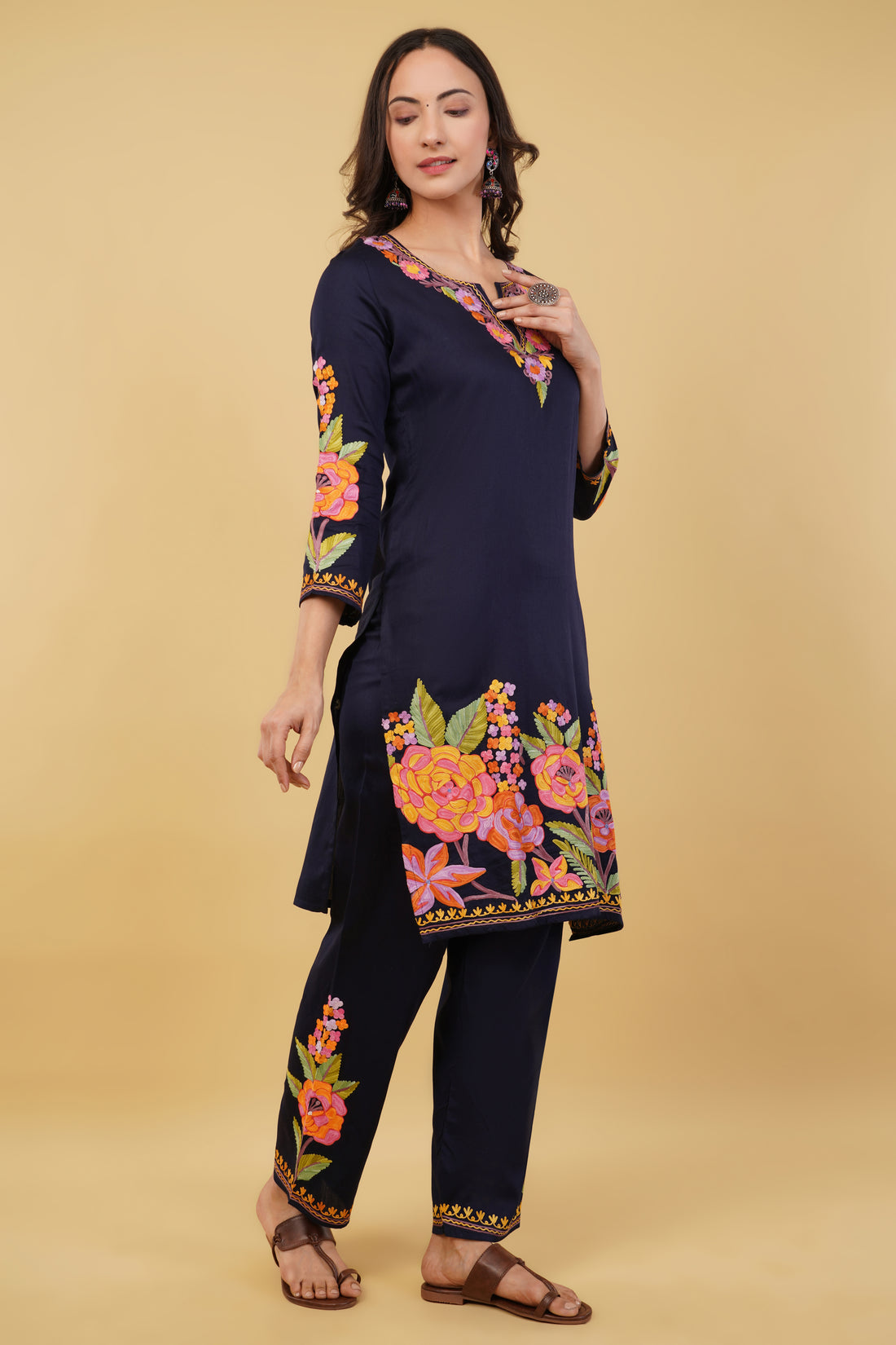 Kashmiri Aari embroidery Jaam Cotton Co-ord set Size-38 (Navy Blue)