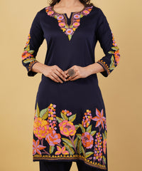 Kashmiri Aari embroidery Jaam Cotton Co-ord set Size-38 (Navy Blue)