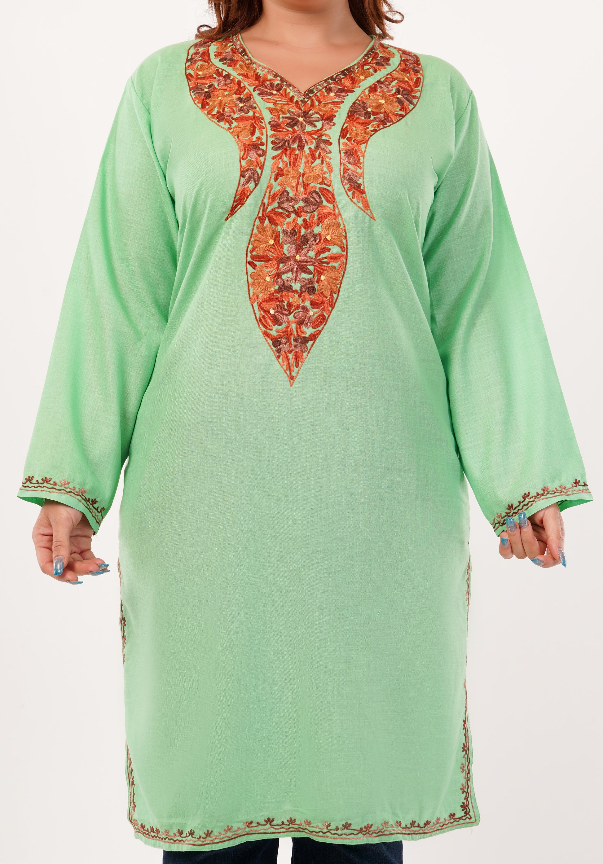 Kashmiri Aari embroidery Cotton Long Kurti Size-46(Green)