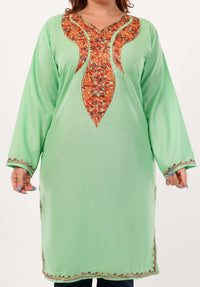 Kashmiri Aari embroidery Cotton Long Kurti Size-46(Green)