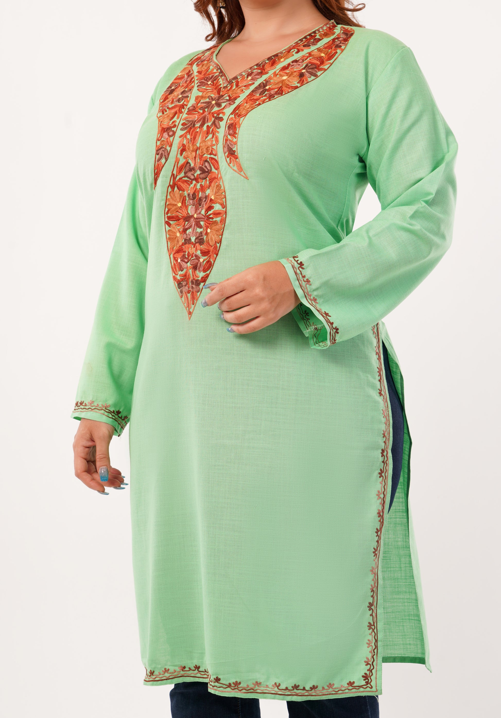 Kashmiri Aari embroidery Cotton Long Kurti Size-46(Green)