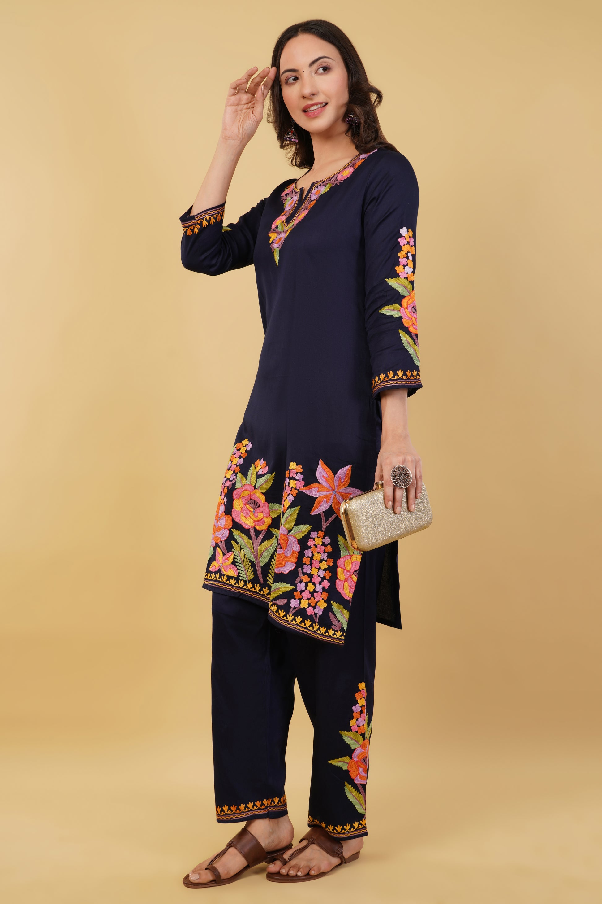 Kashmiri Aari embroidery Jaam Cotton Co-ord set Size-38 (Navy Blue)