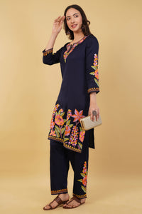 Kashmiri Aari embroidery Jaam Cotton Co-ord set Size-38 (Navy Blue)
