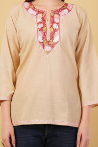 Kashmiri Aari embroidery Cotton Short Kurti Size-42(Beige)