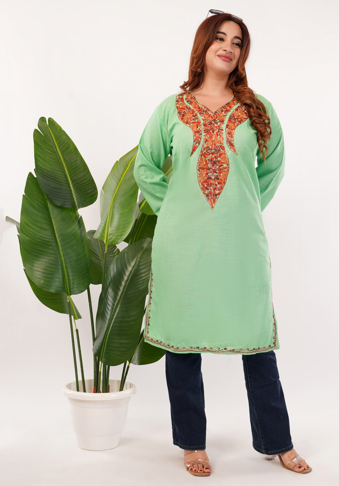 Kashmiri Aari embroidery Cotton Long Kurti Size-46(Green)
