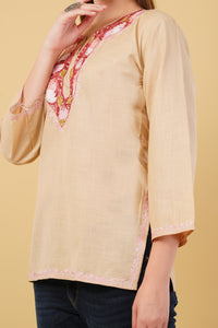 Kashmiri Aari embroidery Cotton Short Kurti Size-42(Beige)