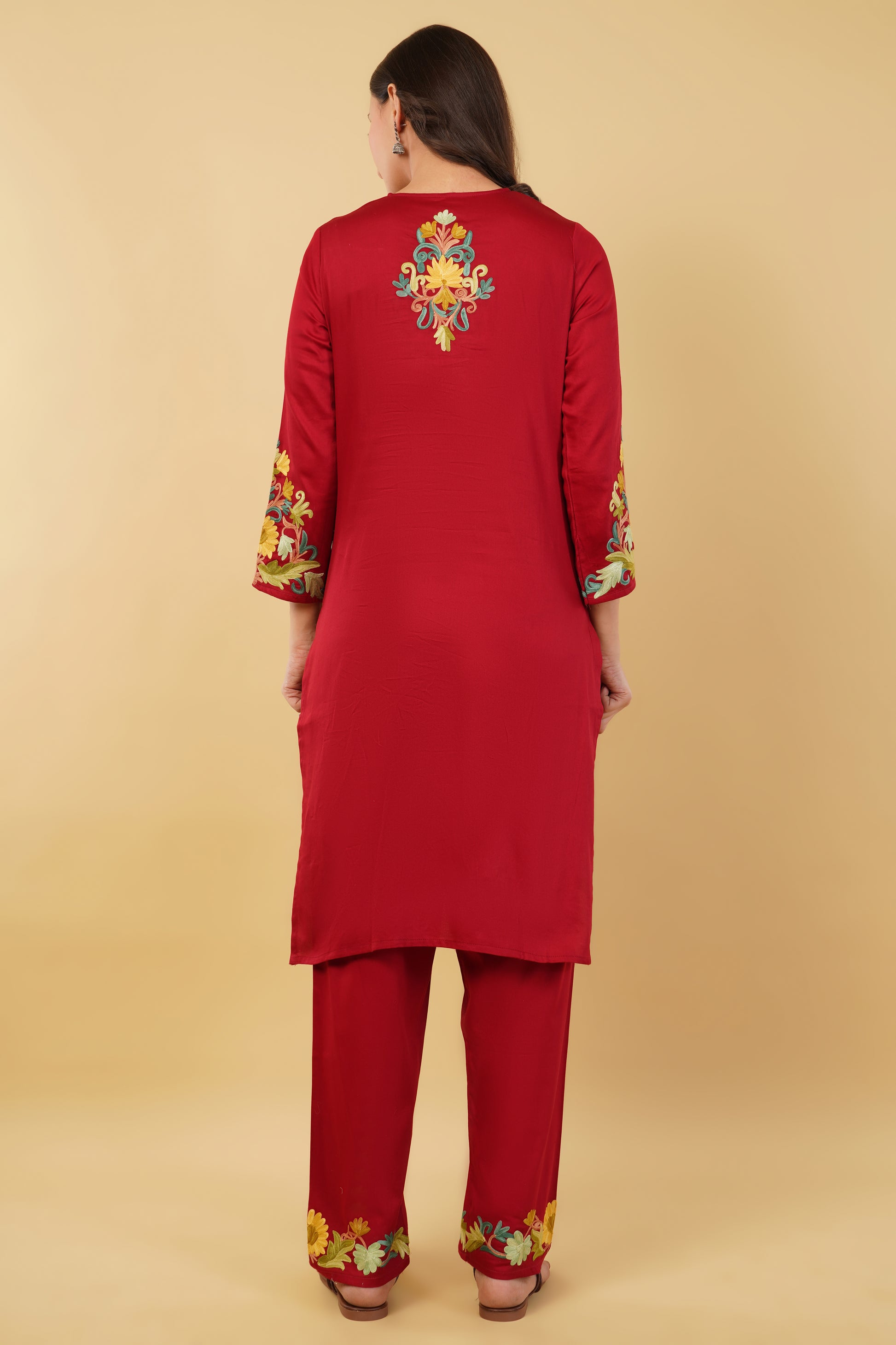 Kashmiri Aari embroidery Jaam Cotton Co-ord set Size-38 (Red)