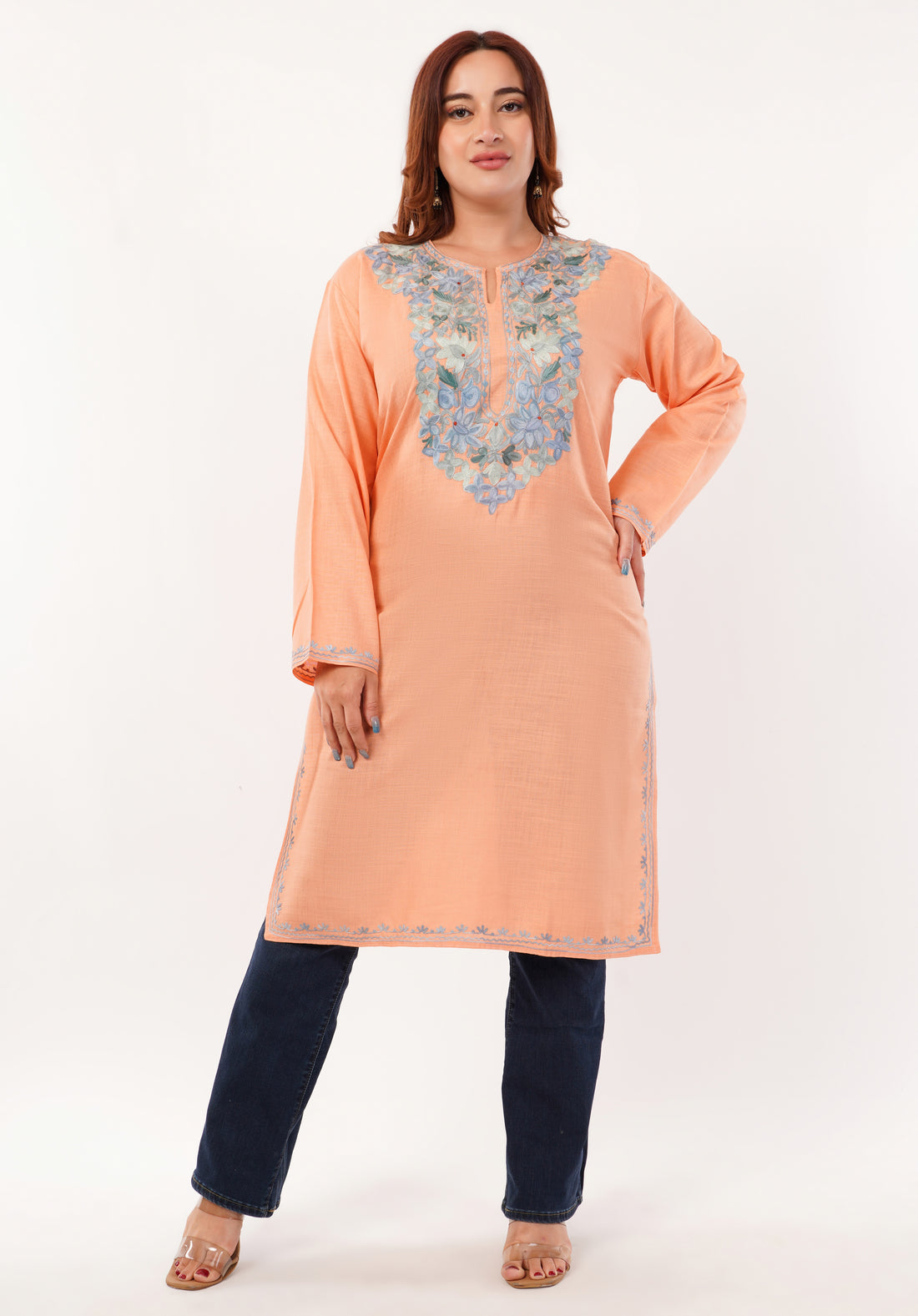 Kashmiri Aari embroidery Cotton Long Kurti Size-46(Peach)