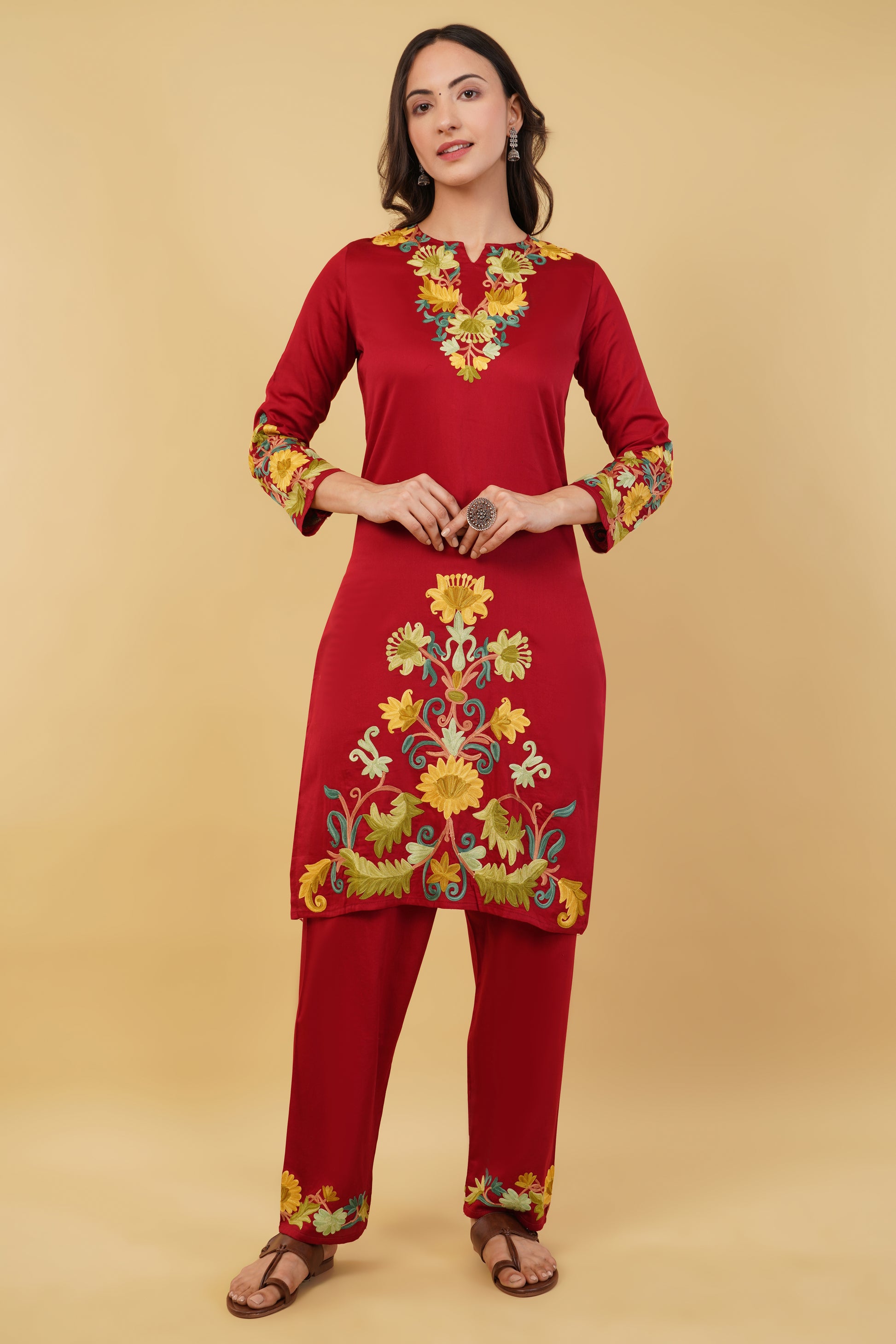 Kashmiri Aari embroidery Jaam Cotton Co-ord set Size-38 (Red)