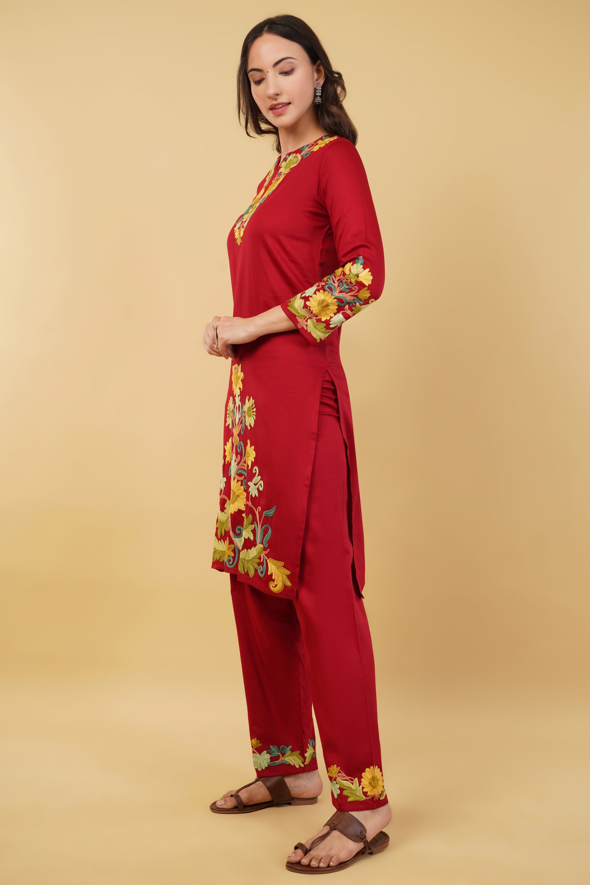 Kashmiri Aari embroidery Jaam Cotton Co-ord set Size-38 (Red)