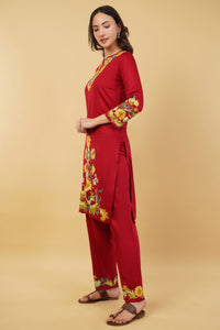 Kashmiri Aari embroidery Jaam Cotton Co-ord set Size-38 (Red)