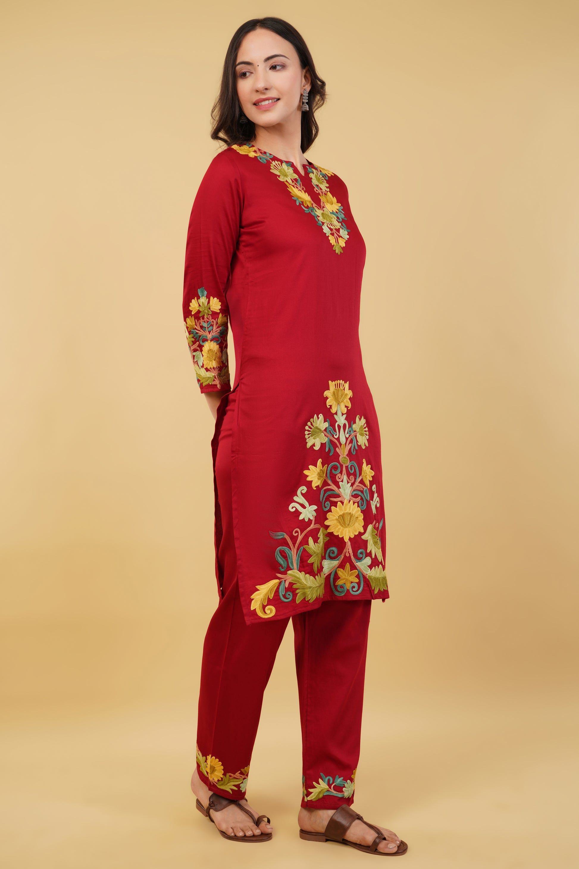 Kashmiri Aari embroidery Jaam Cotton Co-ord set Size-38 (Red)
