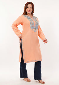 Kashmiri Aari embroidery Cotton Long Kurti Size-46(Peach)