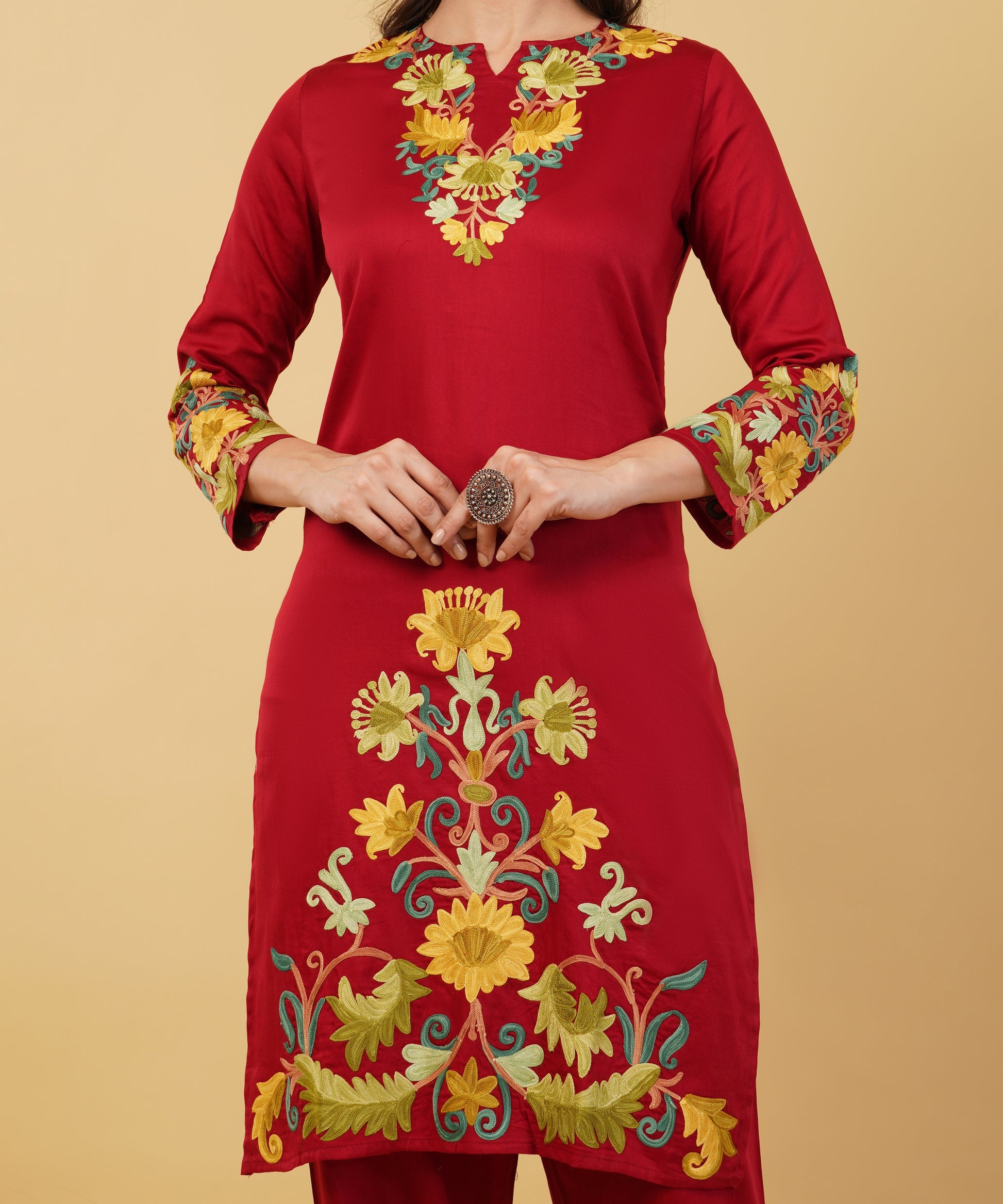 Kashmiri Aari embroidery Jaam Cotton Co-ord set Size-38 (Red)