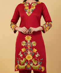 Kashmiri Aari embroidery Jaam Cotton Co-ord set Size-38 (Red)