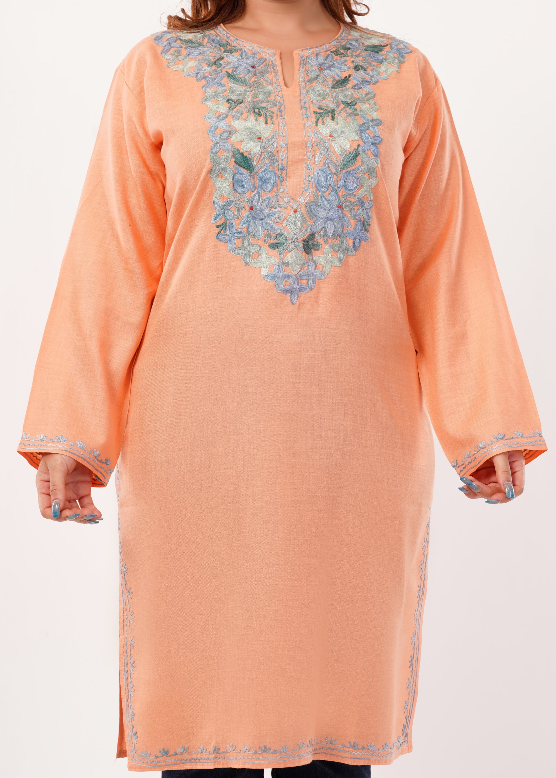 Kashmiri Aari embroidery Cotton Long Kurti Size-46(Peach)