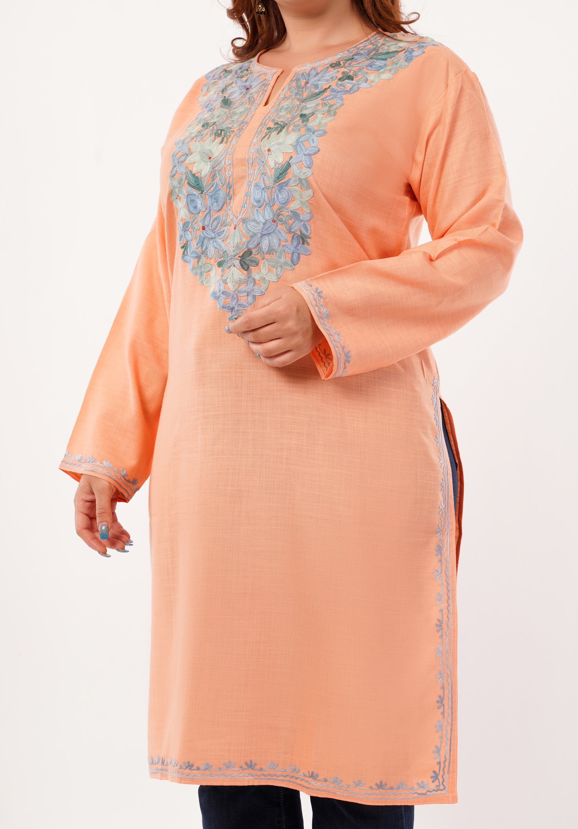 Kashmiri Aari embroidery Cotton Long Kurti Size-46(Peach)