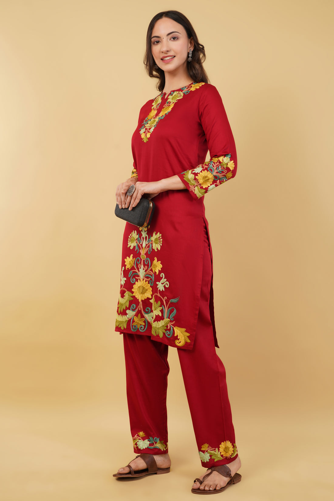 Kashmiri Aari embroidery Jaam Cotton Co-ord set Size-38 (Red)