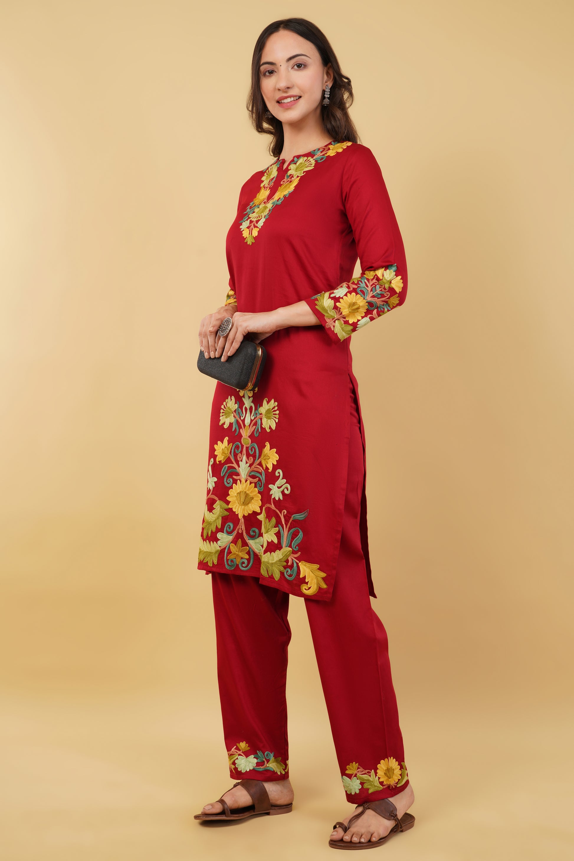 Kashmiri Aari embroidery Jaam Cotton Co-ord set Size-38 (Red)