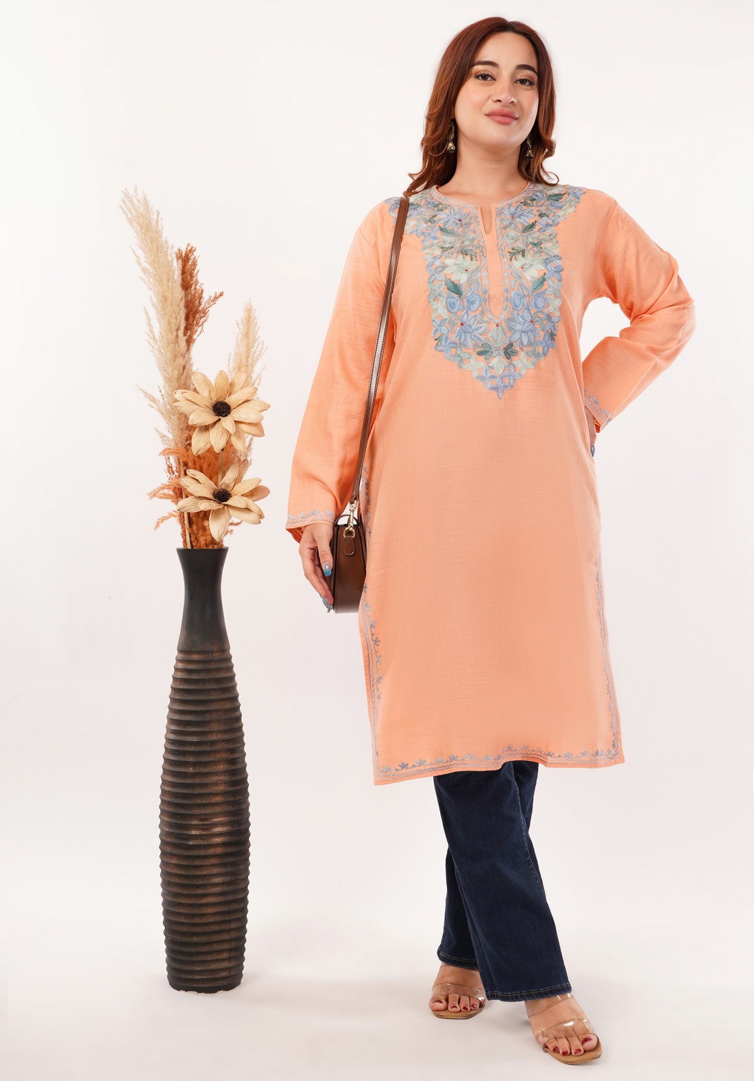 Kashmiri Aari embroidery Cotton Long Kurti Size-46(Peach)