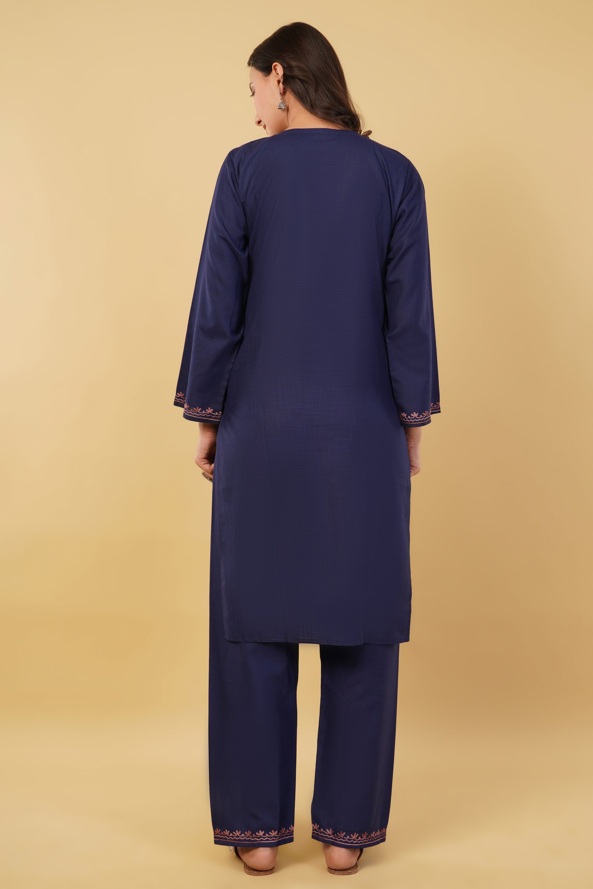 Kashmiri Aari embroidery Cotton Co-ord set Size-36 (Navy Blue)