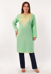 Kashmiri Aari embroidery Cotton Long Kurti Size-46(Green)