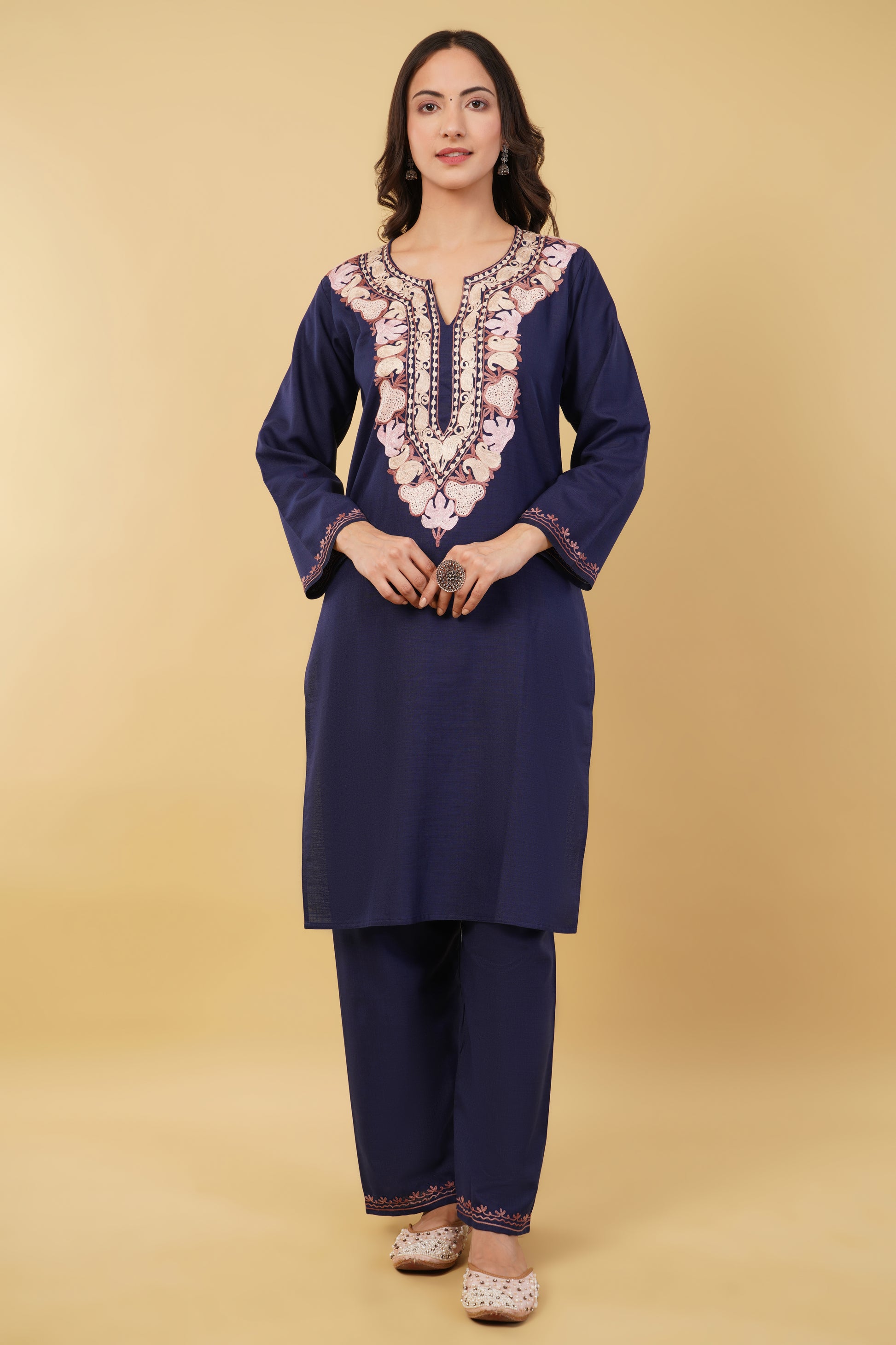 Kashmiri Aari embroidery Cotton Co-ord set Size-36 (Navy Blue)