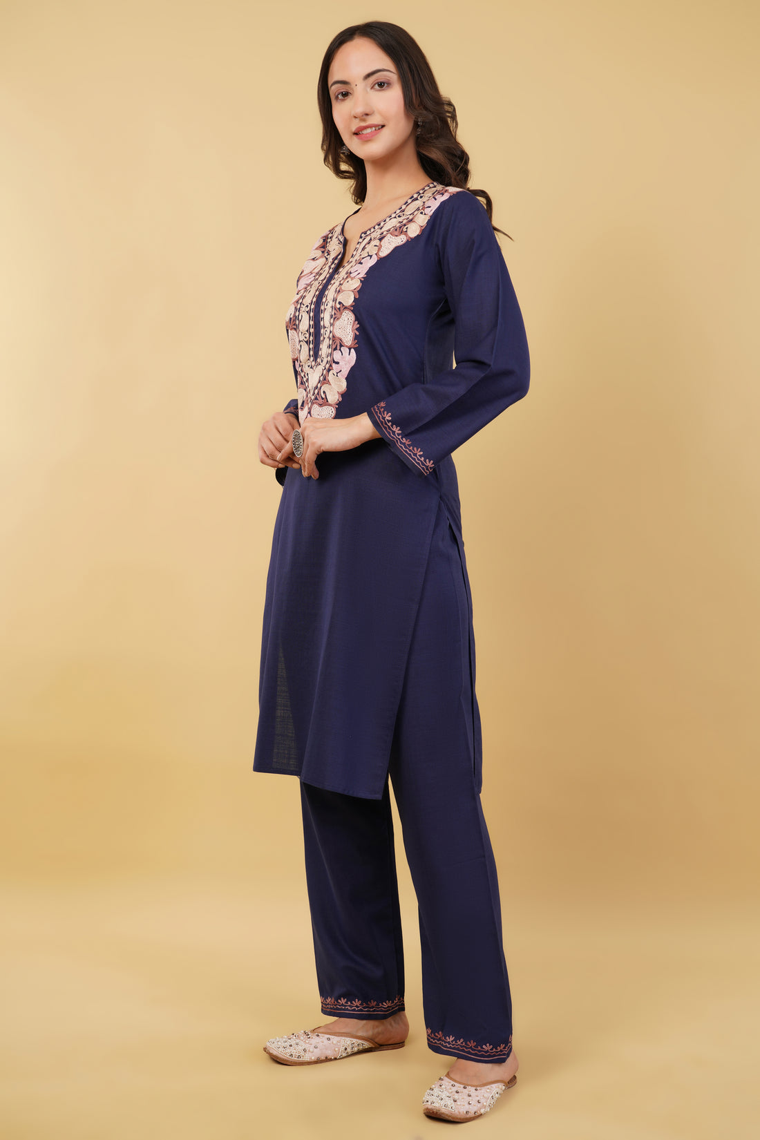 Kashmiri Aari embroidery Cotton Co-ord set Size-36 (Navy Blue)