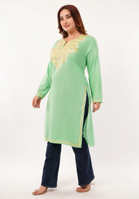 Kashmiri Aari embroidery Cotton Long Kurti Size-46(Green)