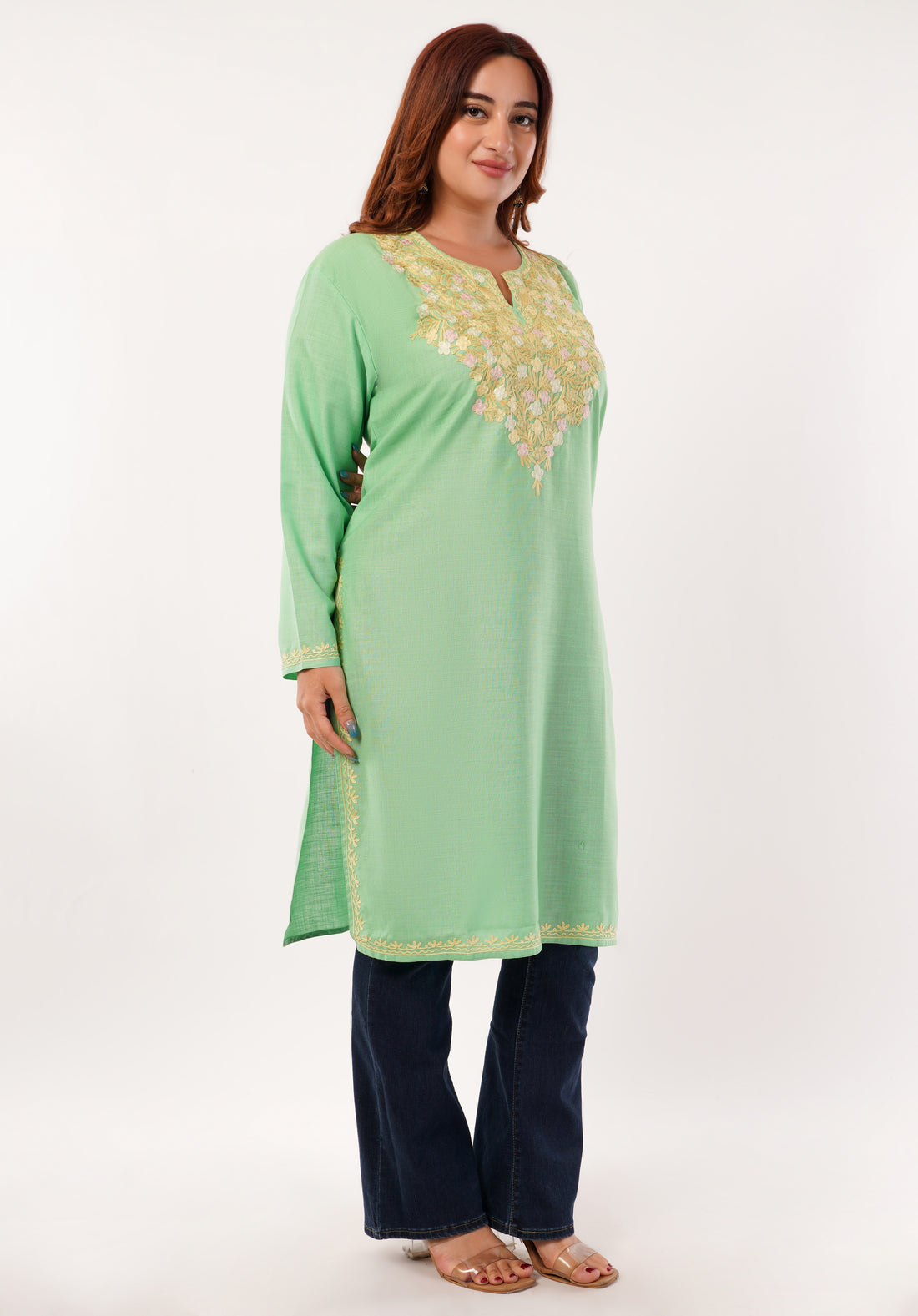 Kashmiri Aari embroidery Cotton Long Kurti Size-46(Green)