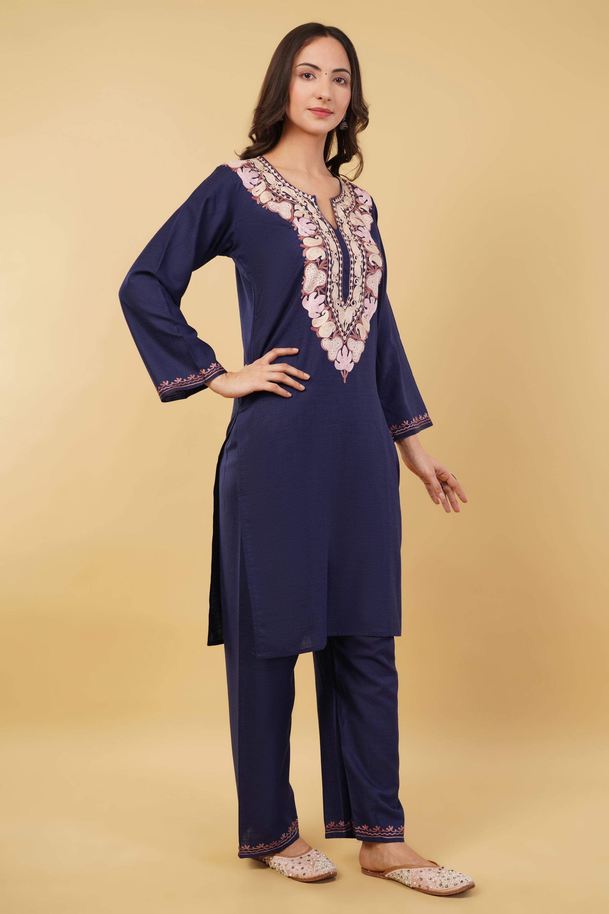 Kashmiri Aari embroidery Cotton Co-ord set Size-36 (Navy Blue)