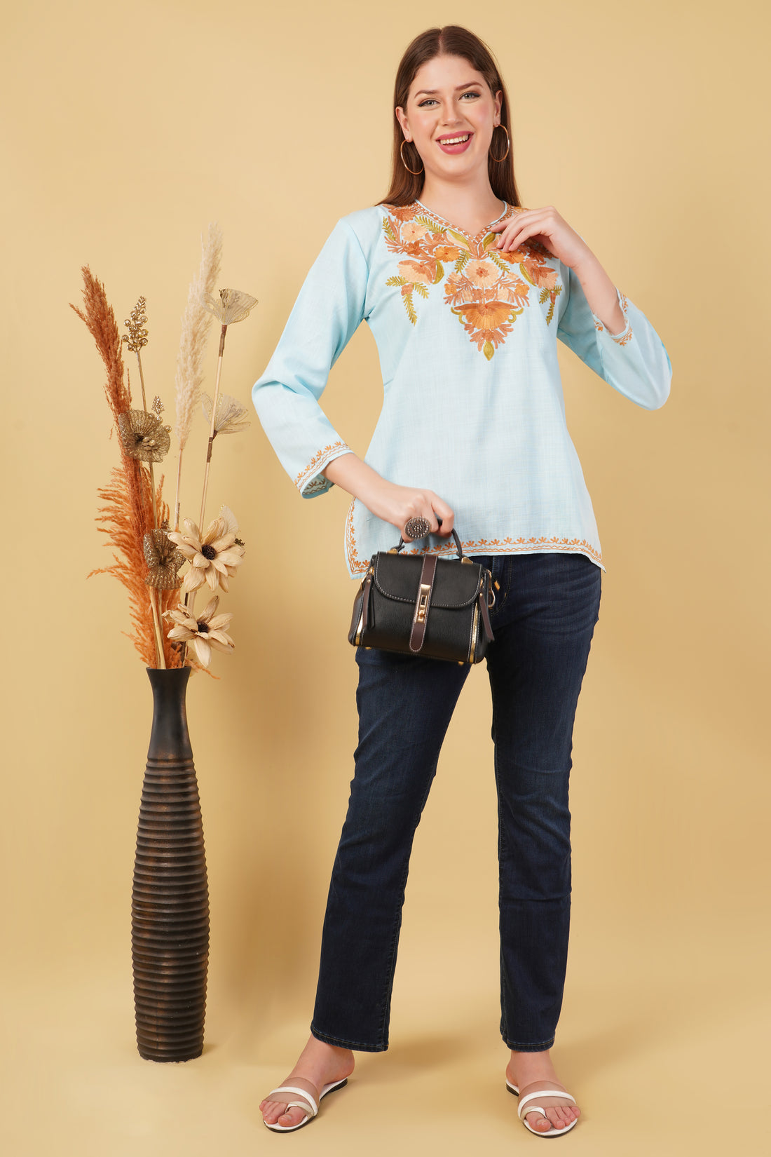 Kashmiri Aari embroidery Cotton Short Kurti Size-42(Sky Blue)