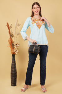 Kashmiri Aari embroidery Cotton Short Kurti Size-42(Sky Blue)