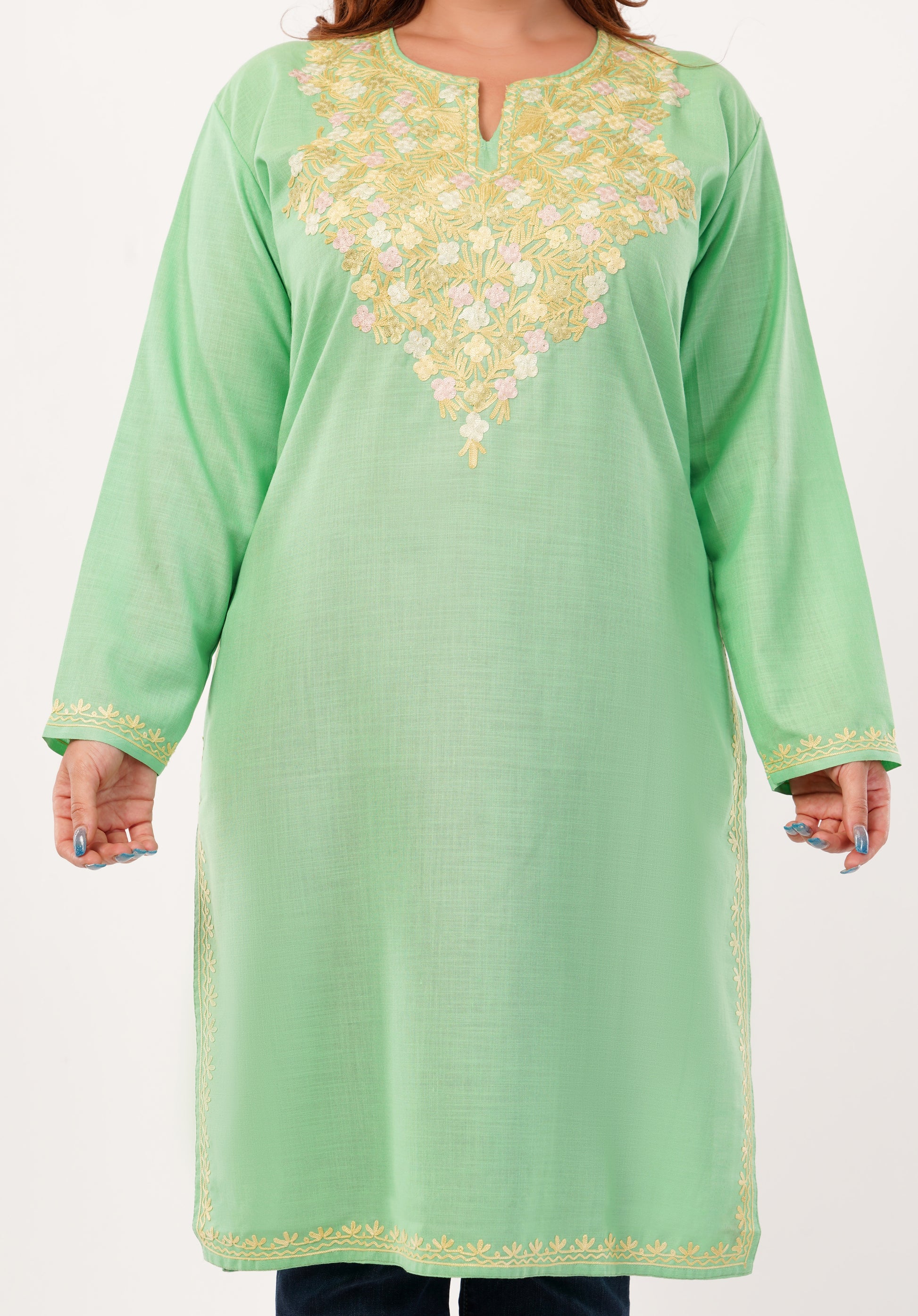 Kashmiri Aari embroidery Cotton Long Kurti Size-46(Green)