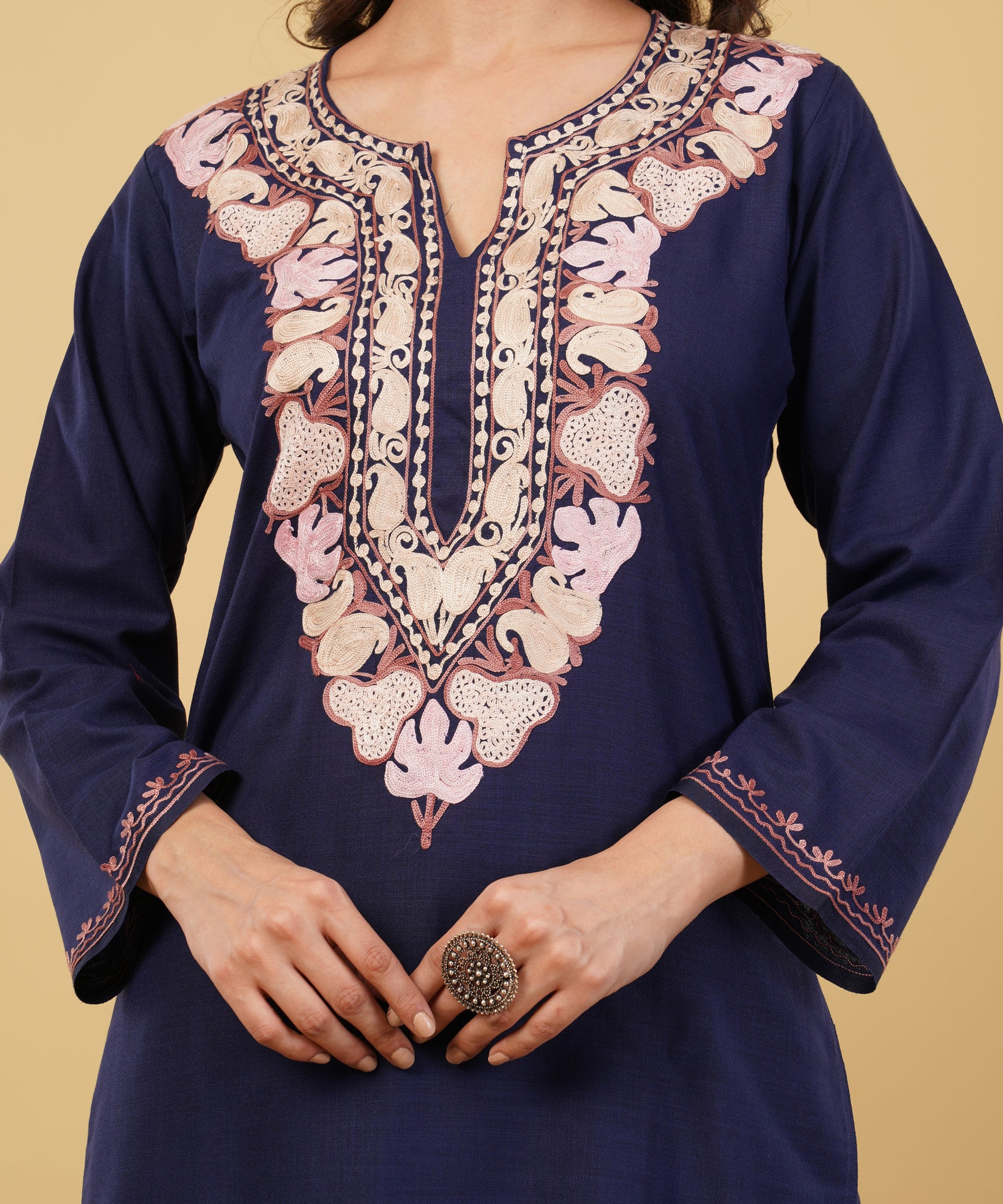 Kashmiri Aari embroidery Cotton Co-ord set Size-36 (Navy Blue)
